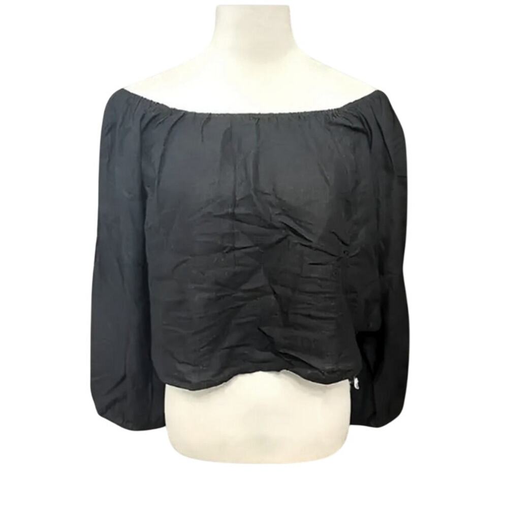 ASOS Crop Top Linen Blend Off-Shoulder Long Sleeve Lightweight Black Size 4 NWOT